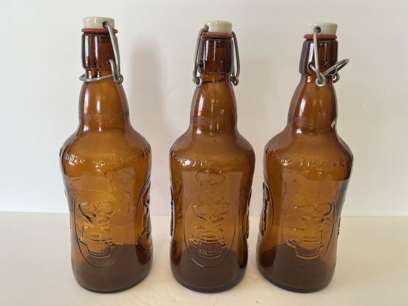Vintage Lot 3 Fischer Amber Glass Beer Bottle Wire Bail Flip Top Ceramic Stopper