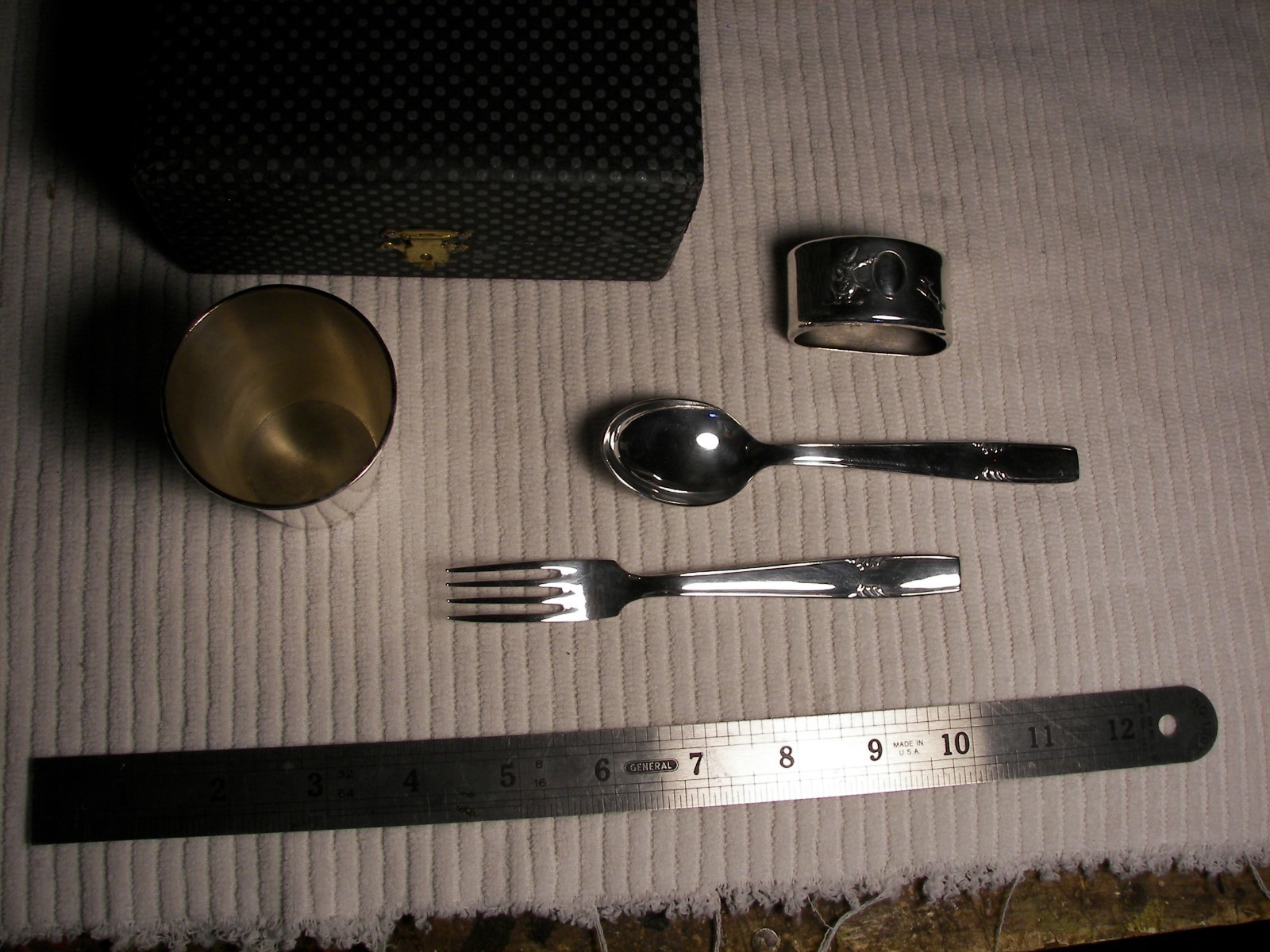 Vintage 1950's Alpaca Baby Cup, Napkin Holder, Fork and Spoon New Baby Keepsake!