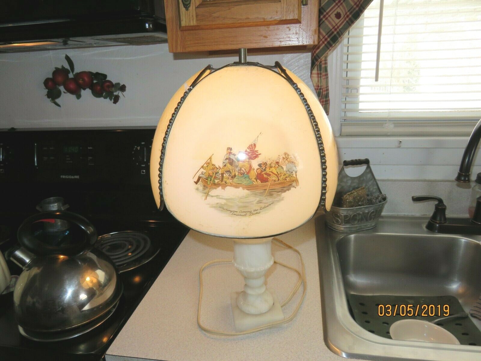 Antique painted Glass Shade with  table  BASE Lamp showing our  Country History