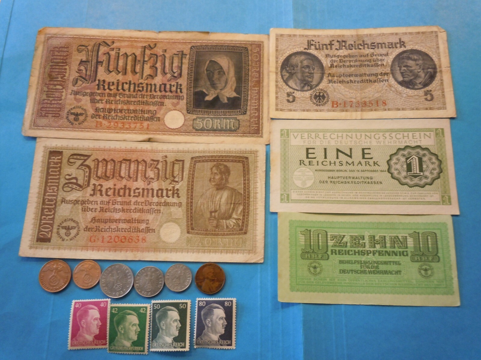 WW2 German 50 20 5 Reichsmark Swastika Coins Copper Bills Wehrmacht