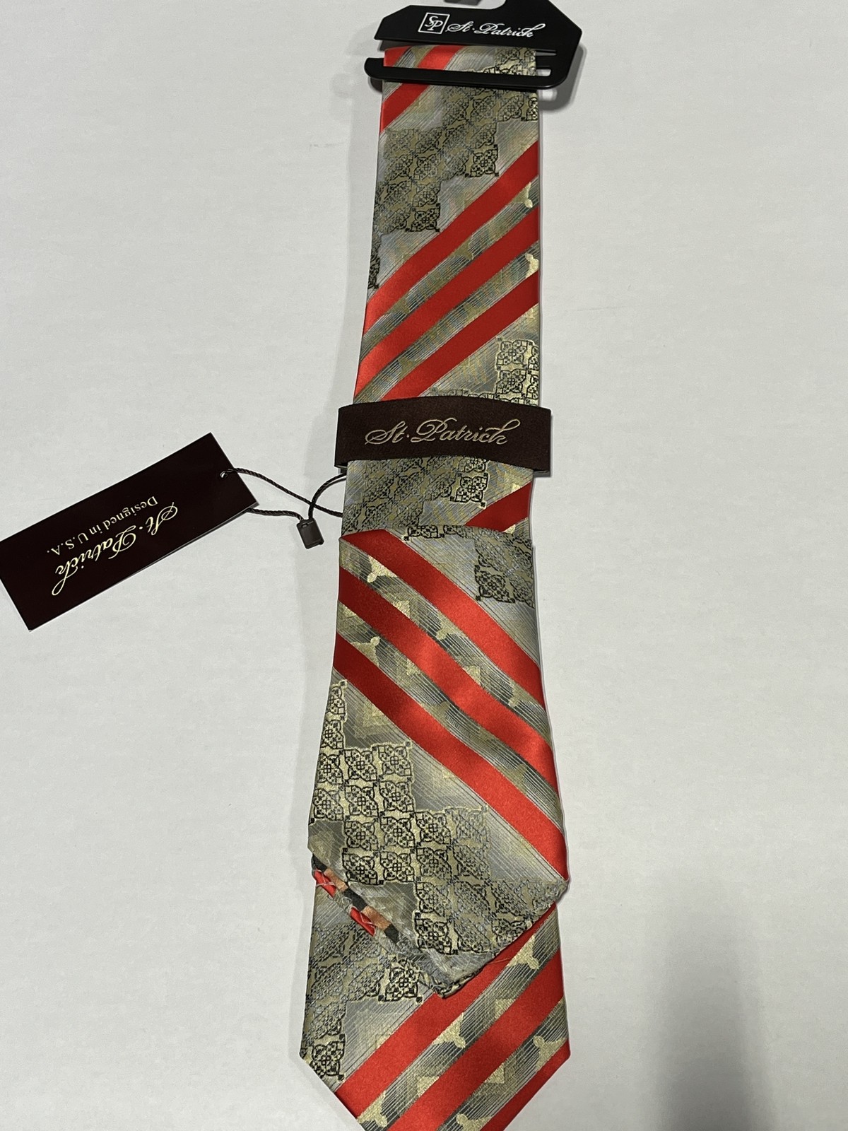 Mens St Patrick Red Stripe Pattern Tie With Matching Pocket Square NEW