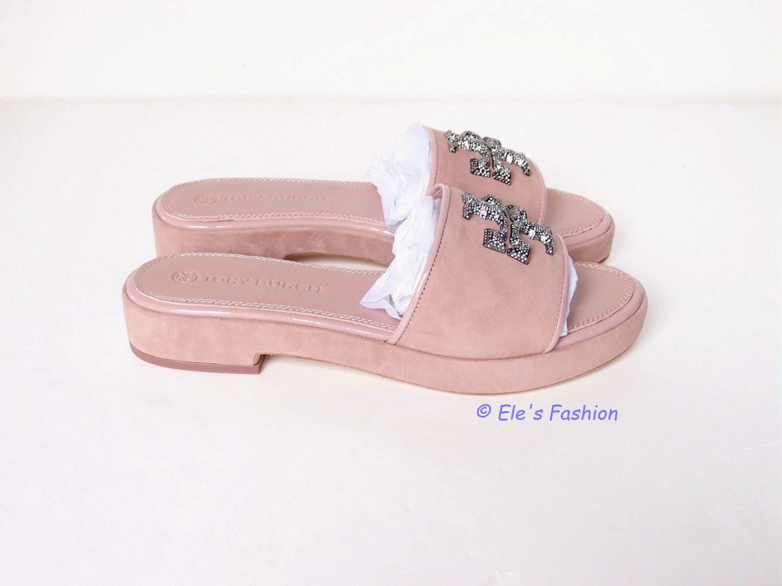 Pre-owned Tory Burch Eleanor Crystal Embellished Leather Slide Sandal Pink 9 Authentc