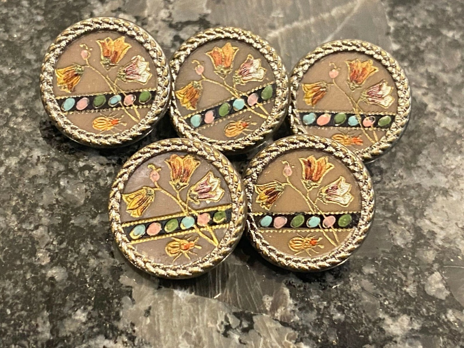 Cloisonne Buttons Flower Design Lot of 5 Antique Buttons Set Metalの