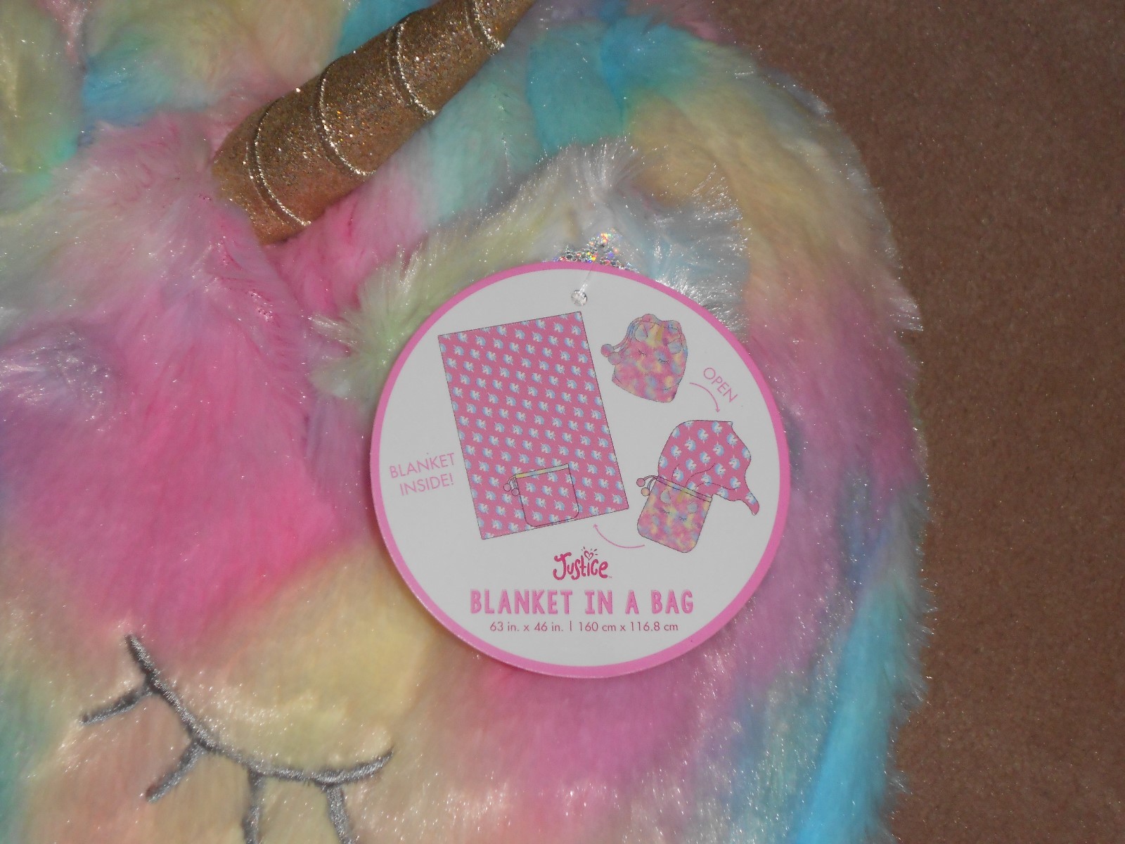 NEW, JUSTICE UNICORN BLANKET IN A BAG, 63