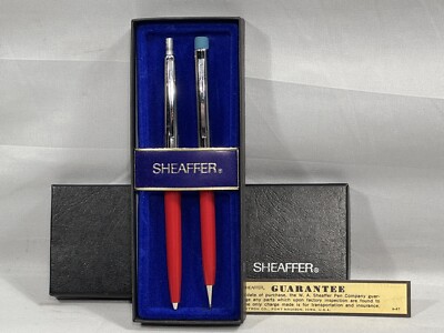 Vintage Sheaffer Silver/Red Ballpoint Pen & Mechanical Pencil Set Original Box
