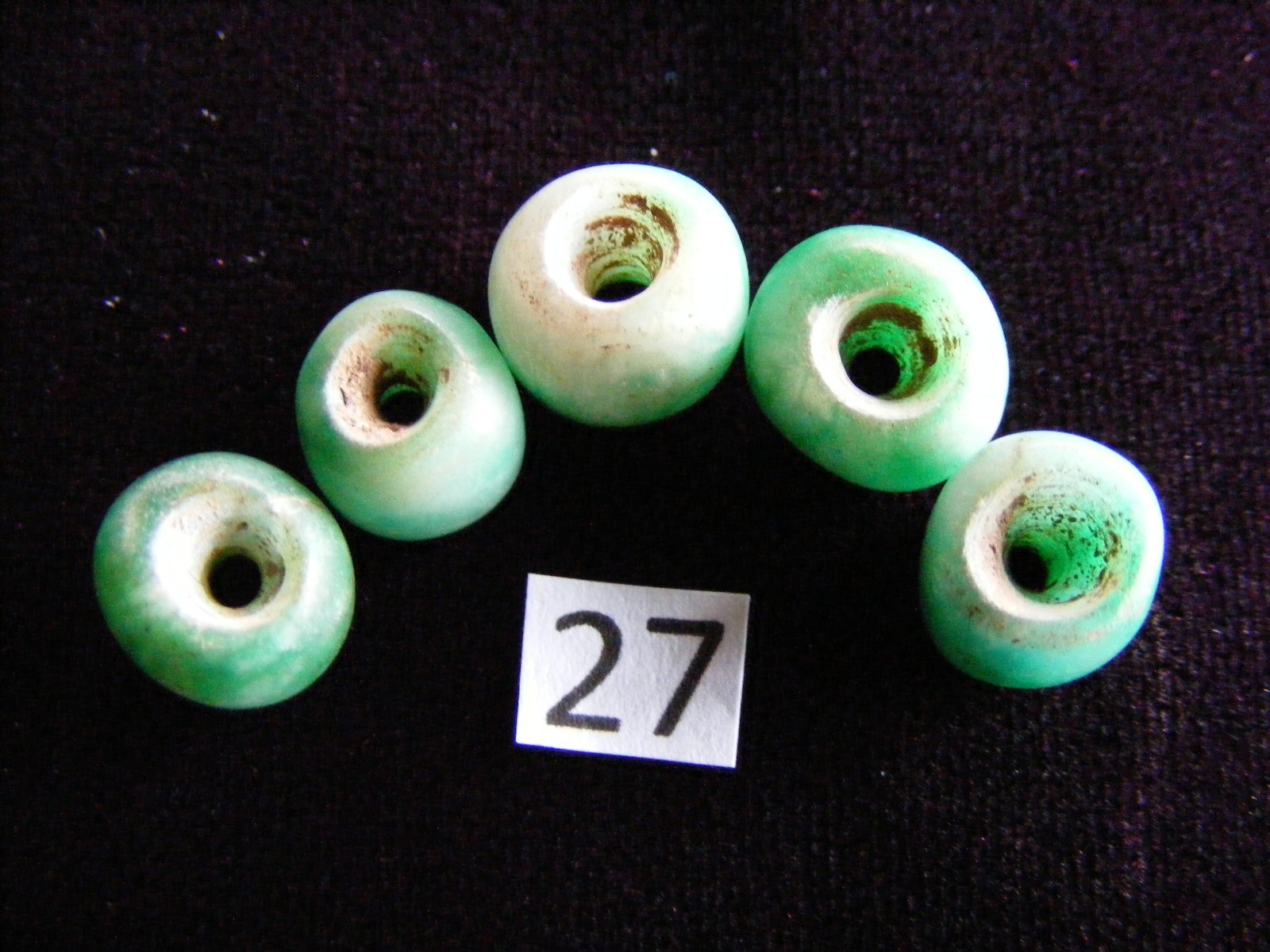 5 Pre Columbian Natural Green Jade Mayan Hand Carved Round Beads(B27)