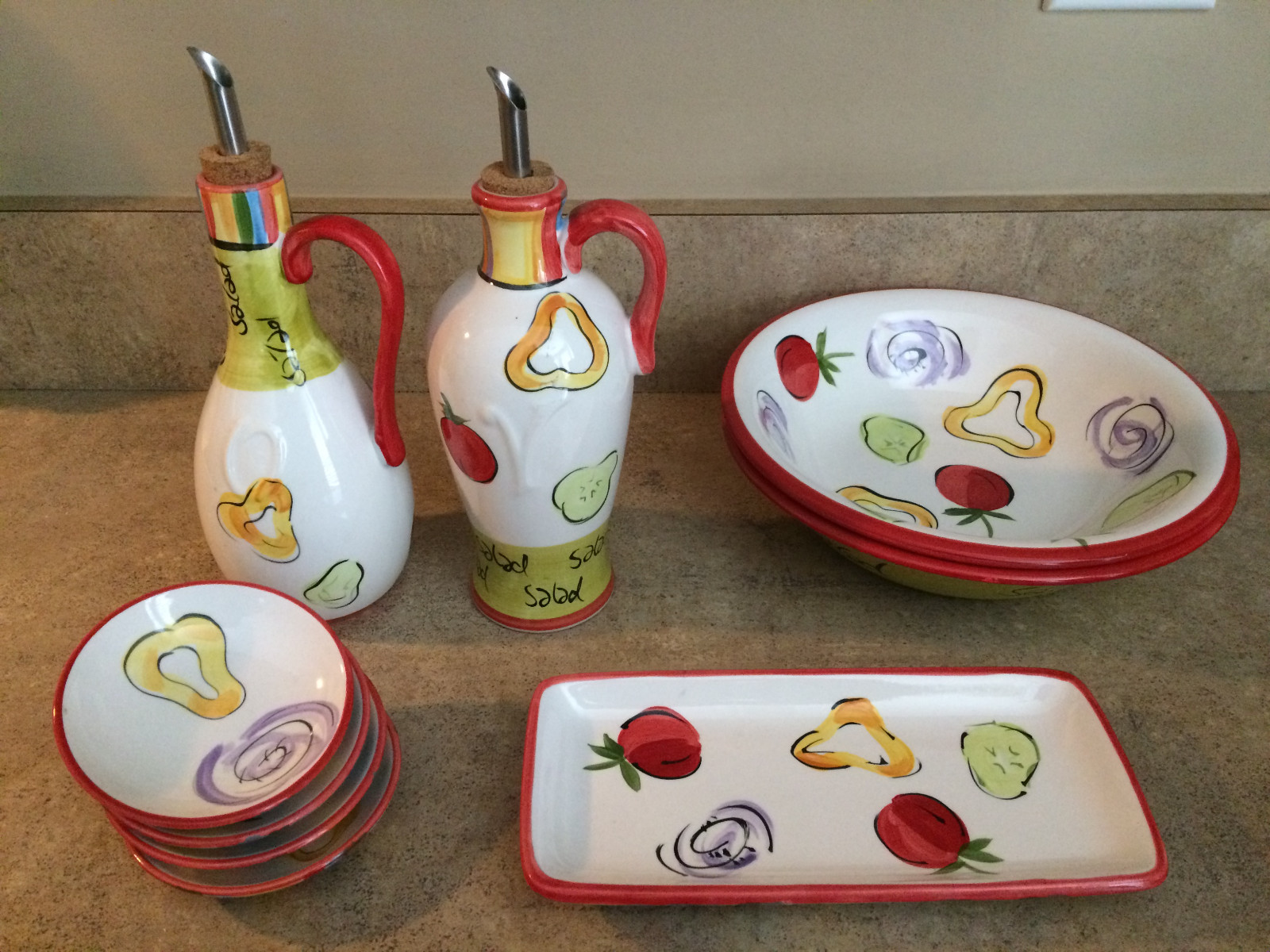 Italian Hand Painted Oil & Vinegar Cruets with 4 Bread Dip Saucers and 2 bowls