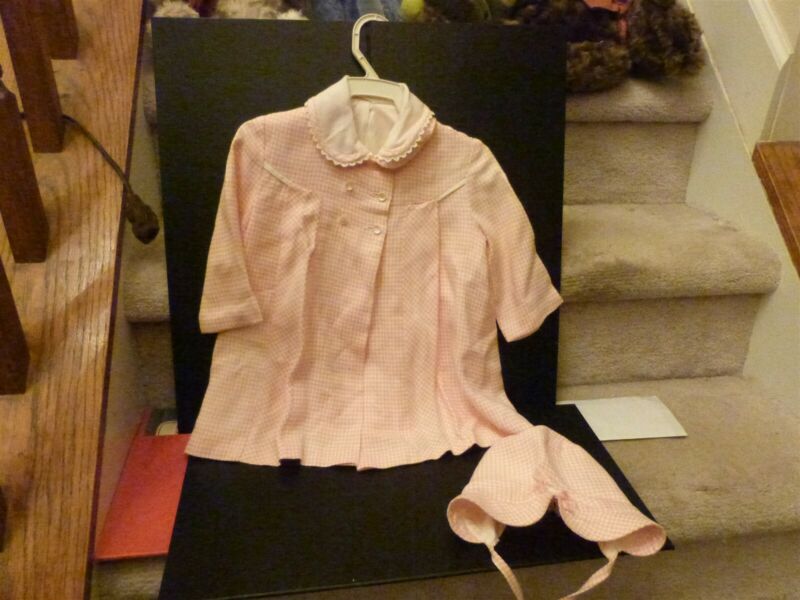 1950 1960 Vintage girl pink check gingham pleated coat bonnet jacket Jewel Tog 