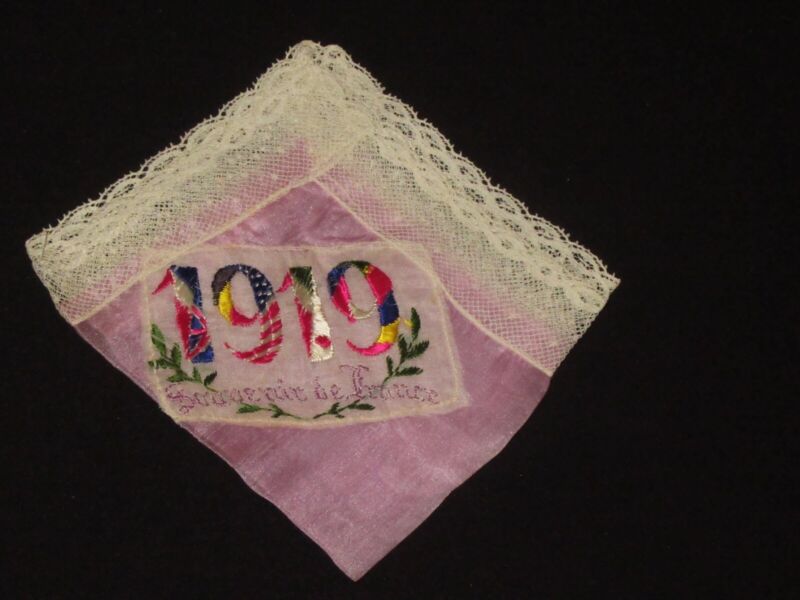 Vintage 1919 France Souvenir Military Ladies Hankie Handkerchief (662V)