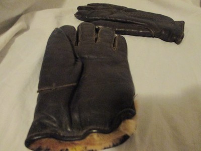 VINTAGE BROWN LEATHER GLOVES LINED W/RABBIT FUR & SHEEP/LAMB YOUTH LARGE