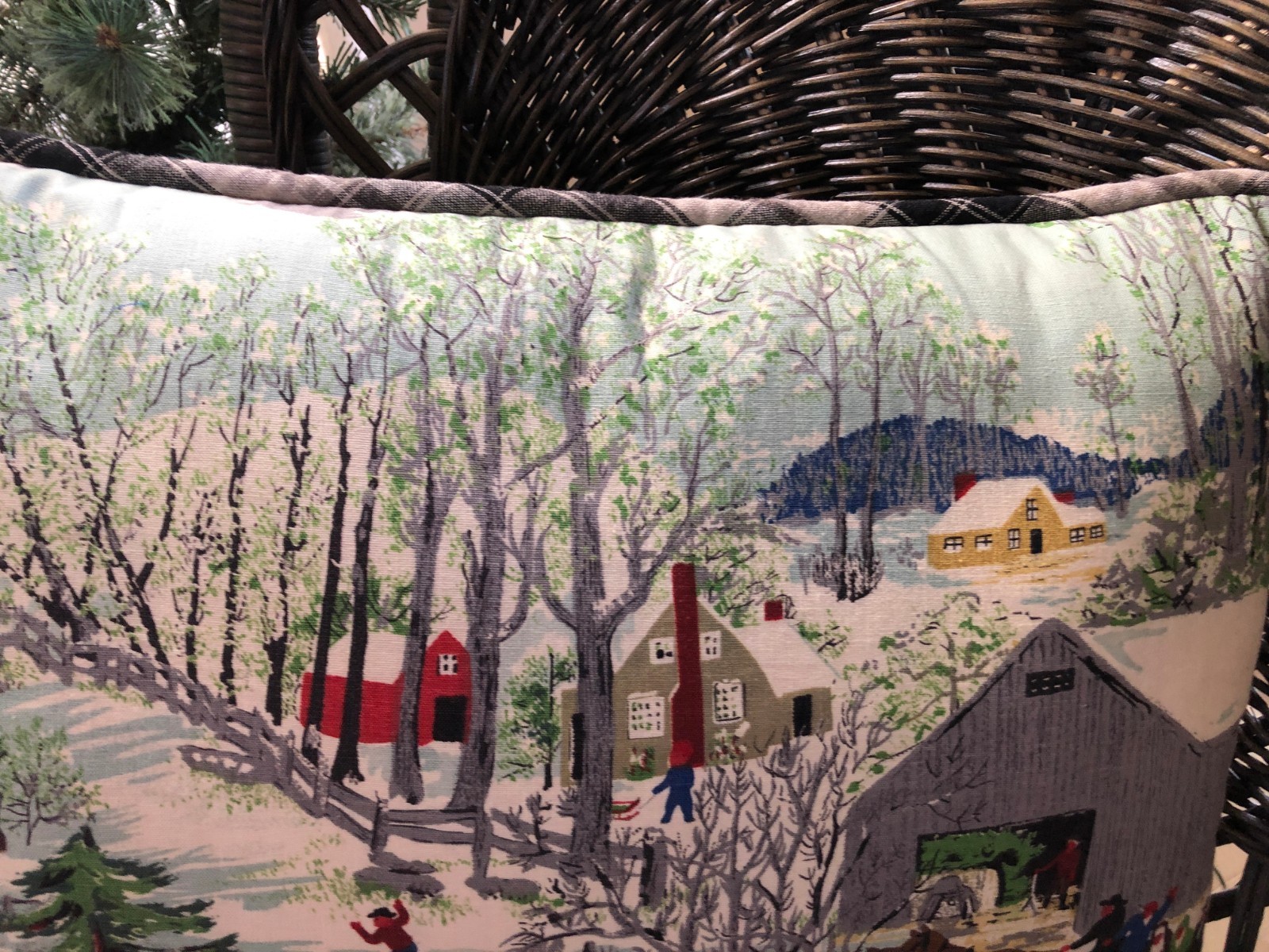 Grandma Moses fabric,  Custom pillow, Plaid piping,  Springtime on the Farm,