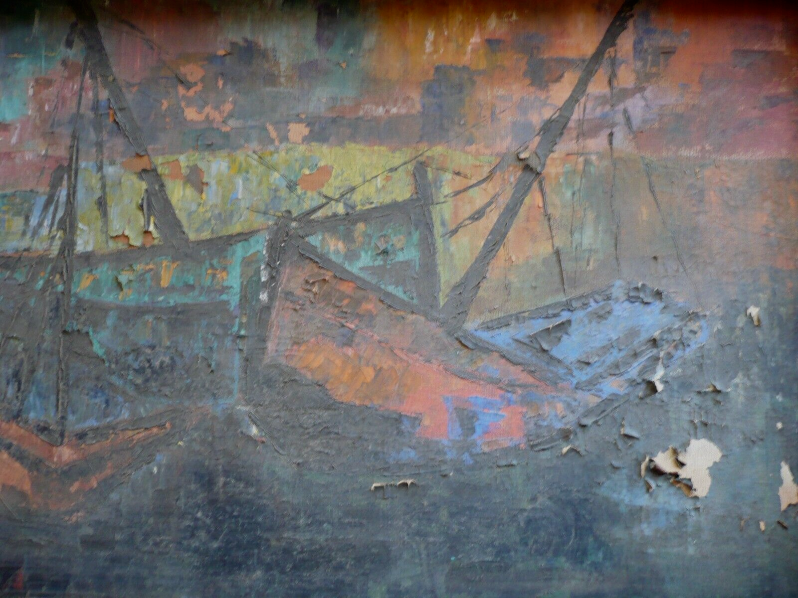 MYSTERY OLD ART - NEEDS RESTORATION, MODERN SEMI ABSTRACTION BOATS COLORFUL OIL
