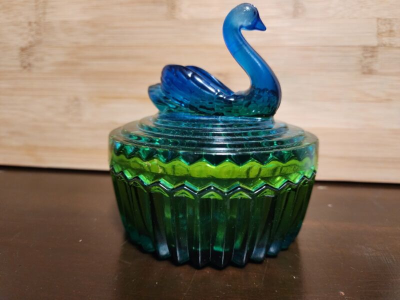 Vintage Swan on Lid Glass Candy Trinket Box Jar Dish Iridescent Blue/Green 5" T