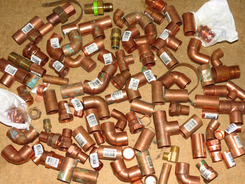 100+ copper & brass plumbing fittings- mostly 1/2" & 3/4" sweat tees, ells, MORE