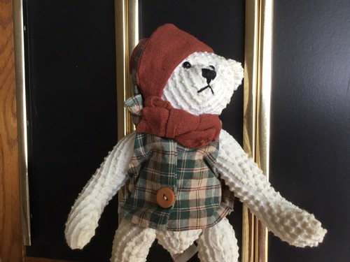 1999 Handmade White Chenille Bear Brown Hat & Vest 10