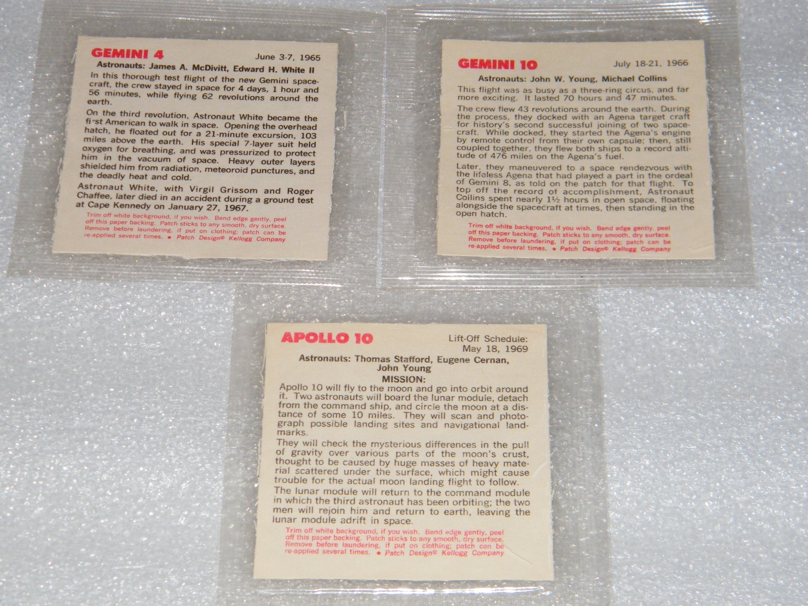 3 Rare Vintage 1965 Sealed Apollo 10 Gemini 4 & 10 Stickers Kellogg's Cereal HTF