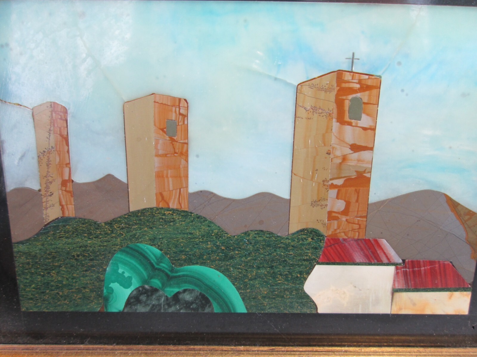 Pietra Dura Mosaic Stone Inlay Landscape San Gimignano Italy Framed 1980