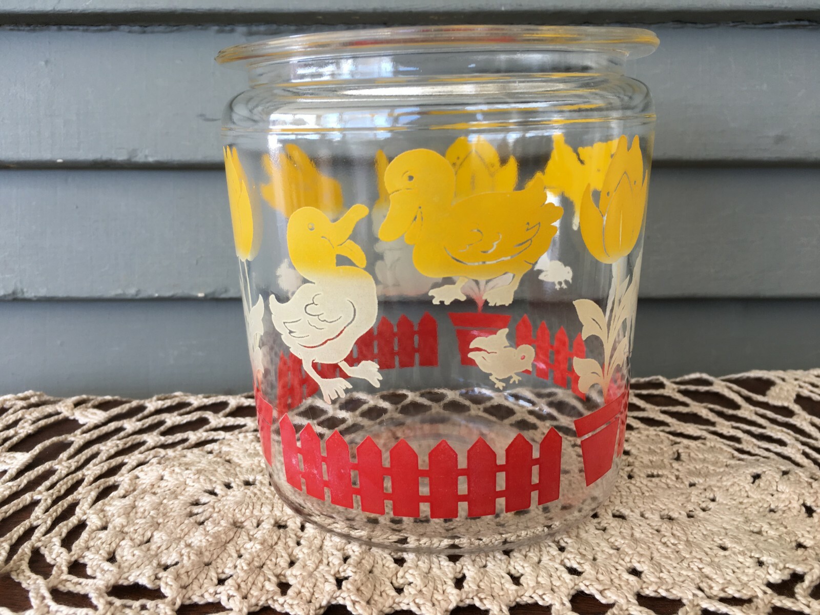 Vintage Small Storage Canister Clear Glass Jar Bunnies Ducks Red Picket Fence