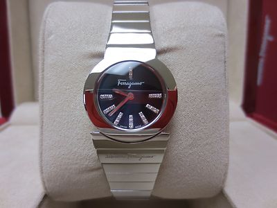 Pre-owned Ferragamo Women F70sbq9999i S099 Gancino Black Diamond Dial Steel Bracelet Watch In Silver