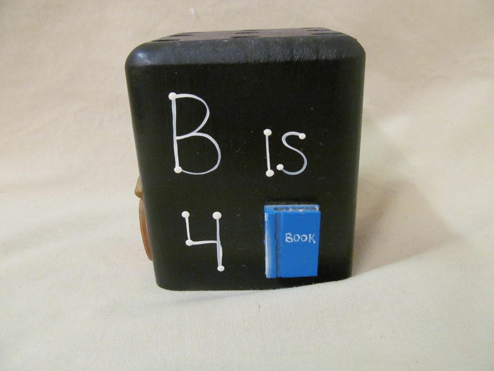 Black Wooden ABC Teacher Cube Pencil Holder, Hand Painted w attached Art, 3