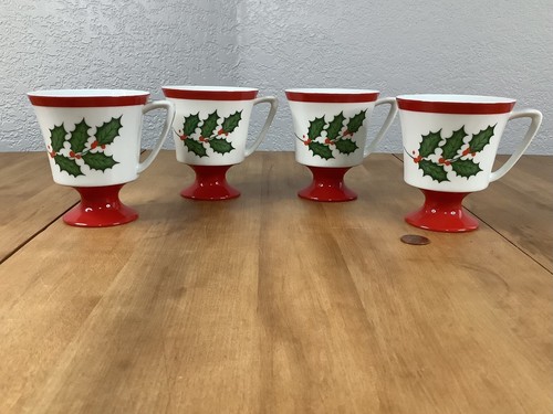 Seyei Christmas Holly Fine China Pedestal Coffee Cups - Set