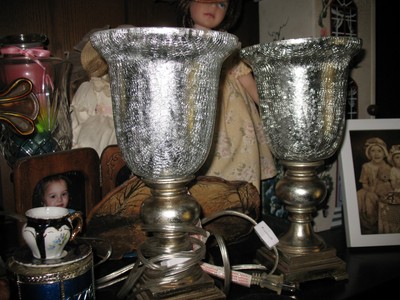 pair of short metal amp crackle glass table lamps