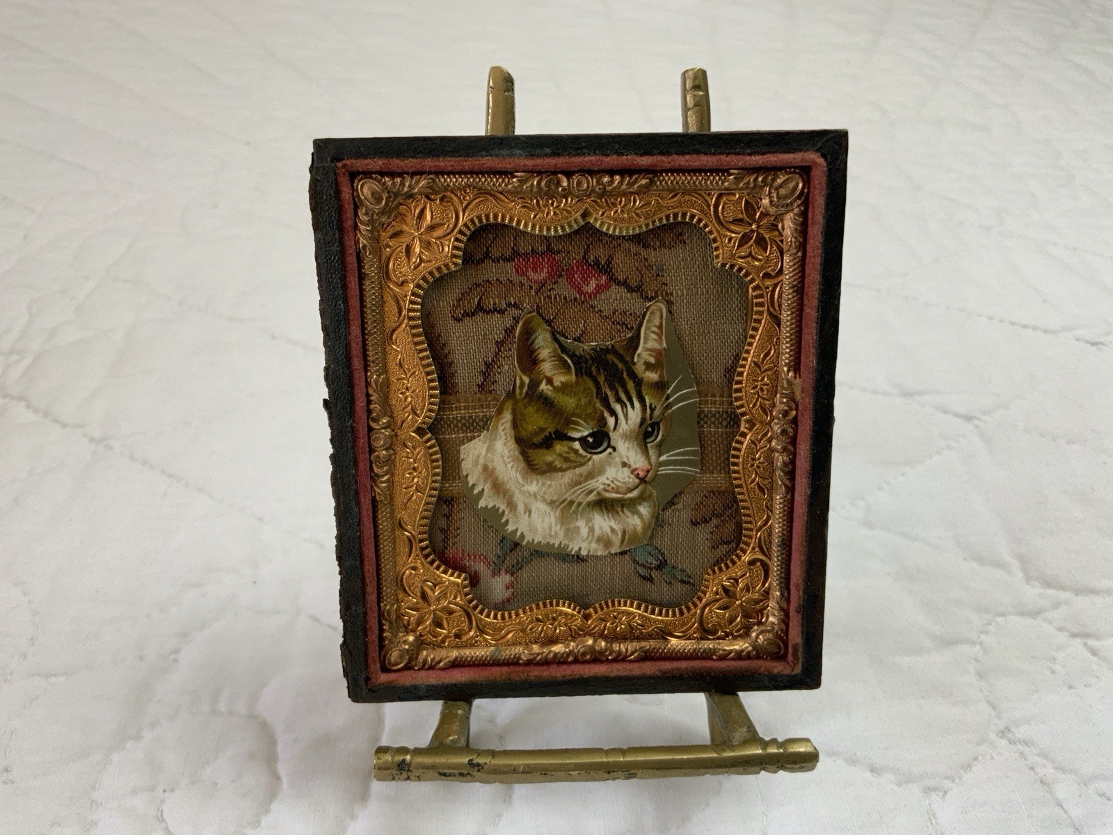 Vintage Antique Victorian Die Cut Ephemera Framed, Half Union Case, Kitty Cat