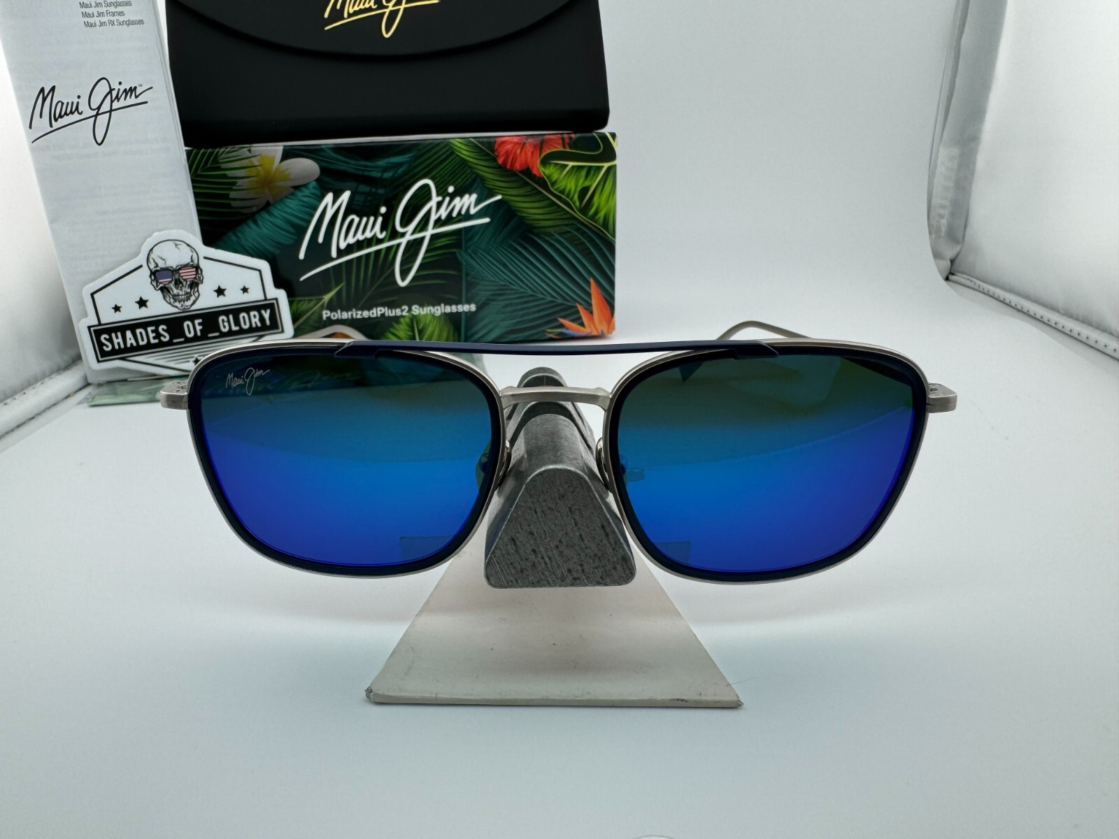 Pre-owned Maui Jim Following Seas Mj 555-17m Silver Blue Hawaii Polarized Sunglasses