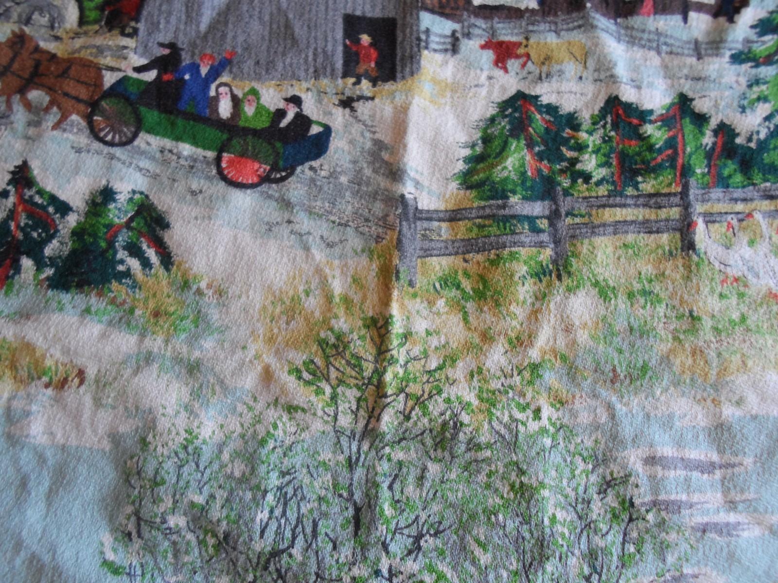 Grandma Moses material Early Springtime on the Farm Riverdale fabric bark cloth