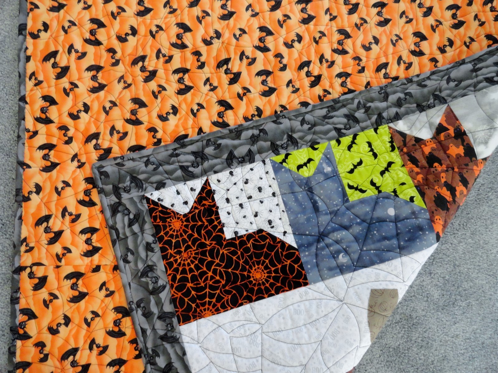 Halloween Quilted Table Topper,Halloween Wall Hanging,Cats,Witches Hats, Pumpkin