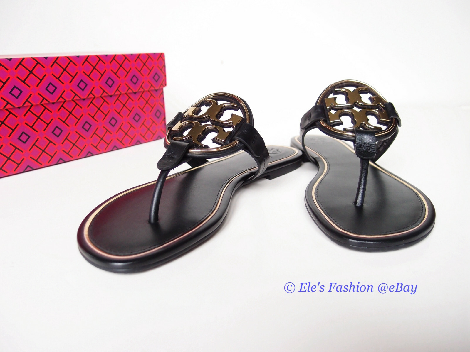 Pre-owned Tory Burch Metal Miller Thong Flip Flop Leather Sandal Black Us 7 Authentc