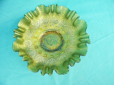 Rare Vintage Fenton Persian Medallion Green Fluted Carnival Glass Bowl