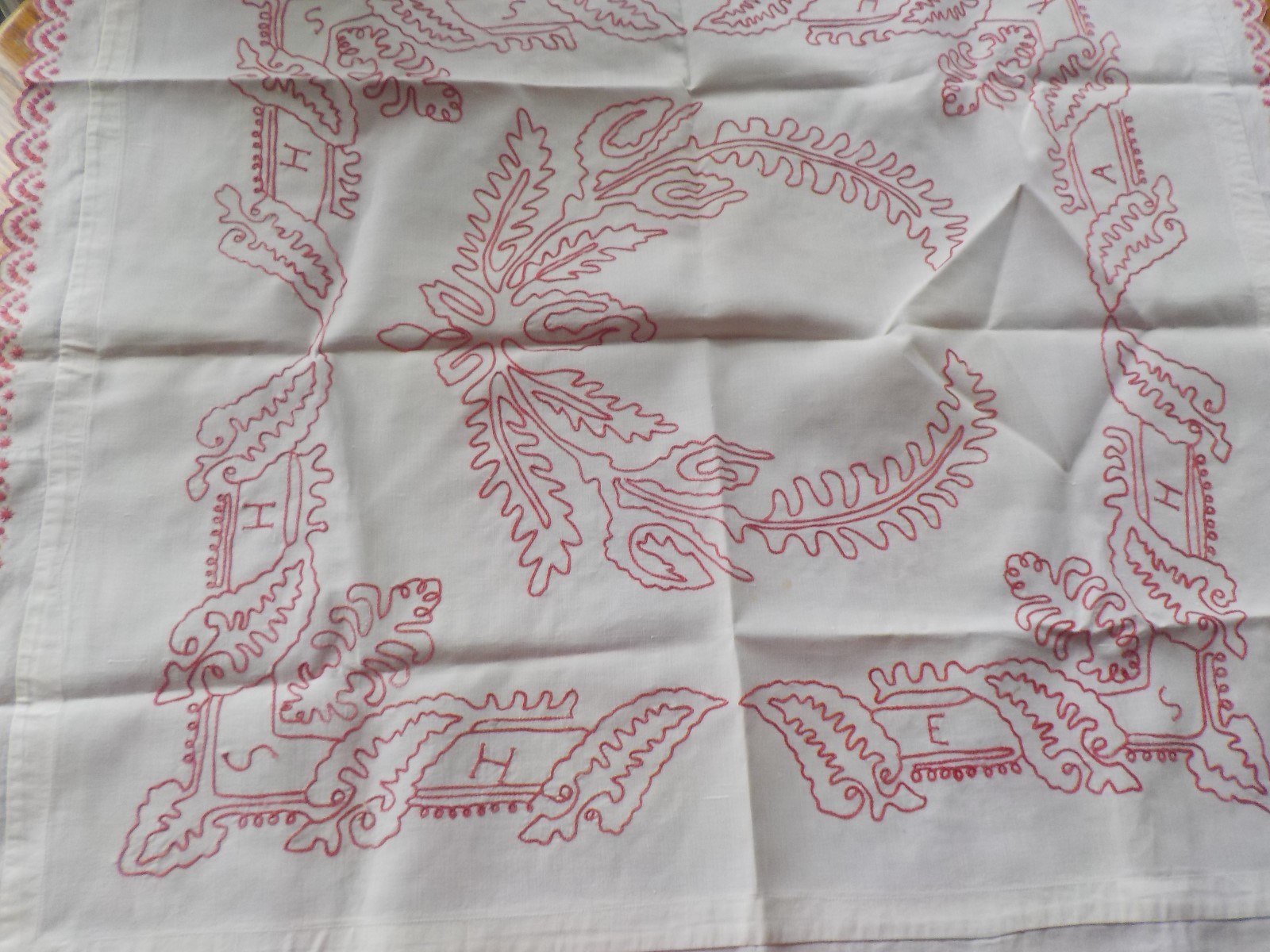VINTAGE ANTIQUE FRENCH LINEN REDWORK EMBROIDERY LACE ALSACE