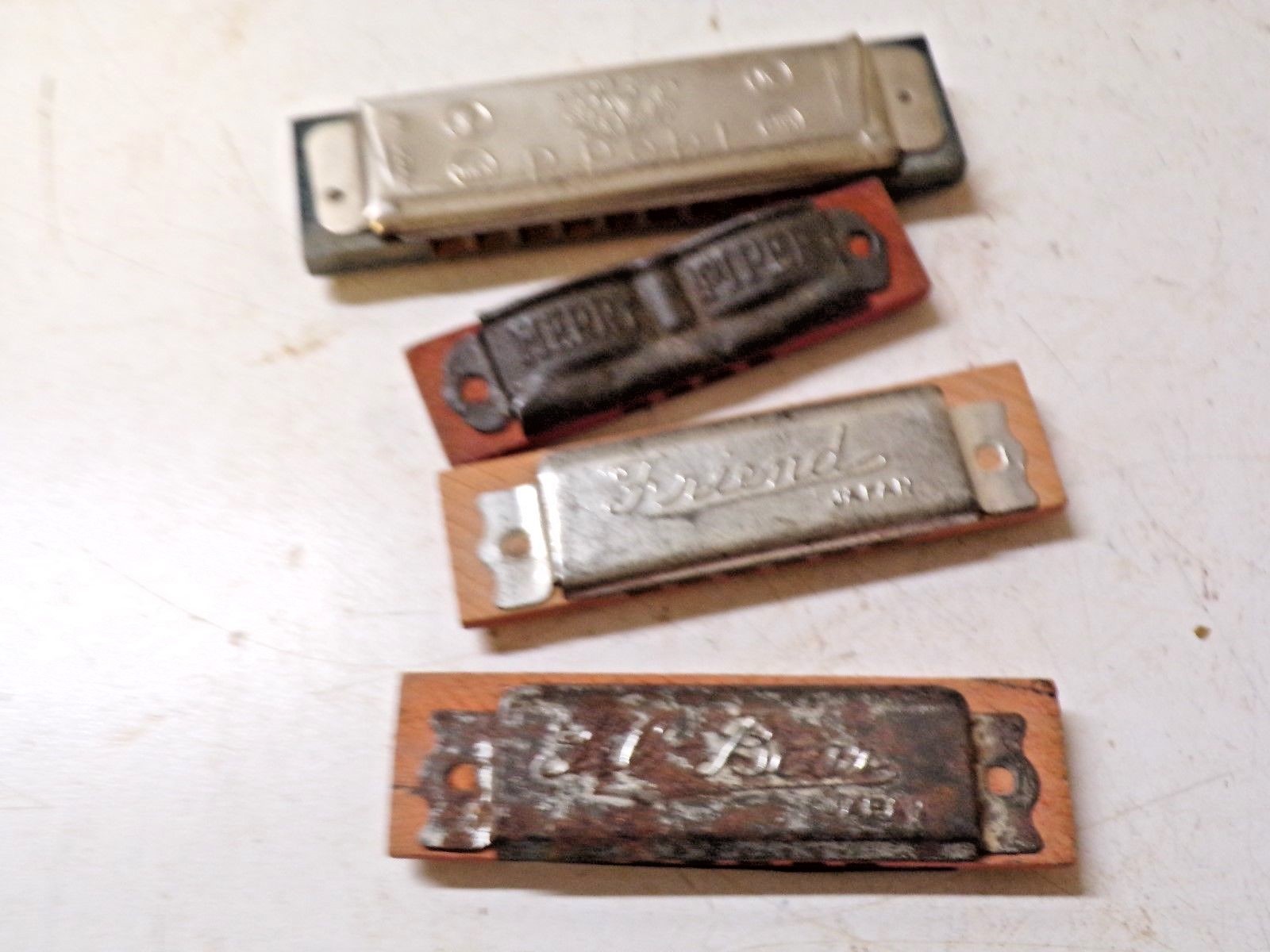 4 Old Toy Harmonicas Blue Boy Lil Bear Friend & Merry Piper