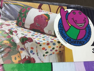 Vintage 1990s  sealed Barney kid toddler Twin sheet set flat fitted pillowcase