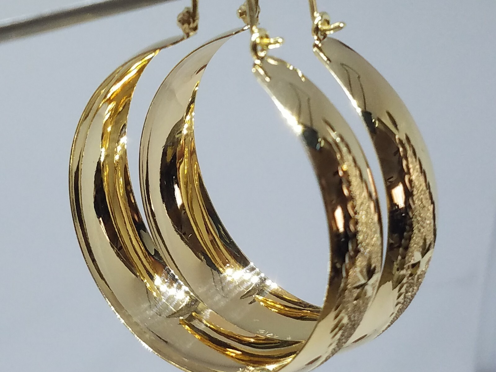 Pre-owned Handmade Gold 14k Hoop Earring Solid Thick Wide Round Diamond Cut 52x42mm 2” Big Large In Yellow