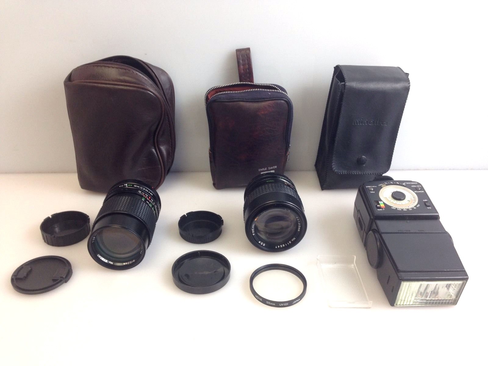 Lot of 3, 35mm Camera Lens & Flash JCPenny 1:2.8 F=135mm Focal Auto Minolta 320X