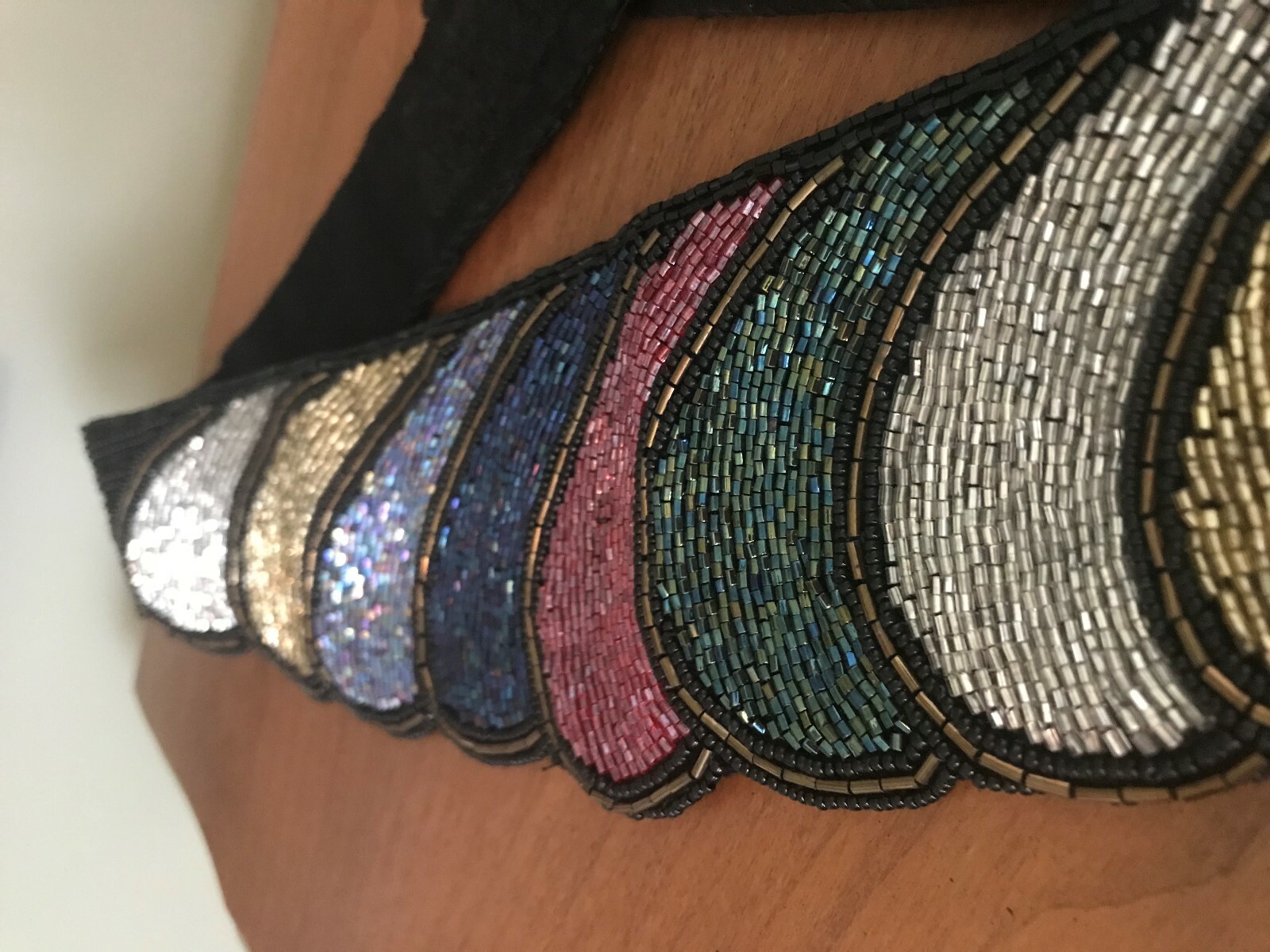 Vintage DeLill Hand Made Beaded Belt Black & Multi Color Wave