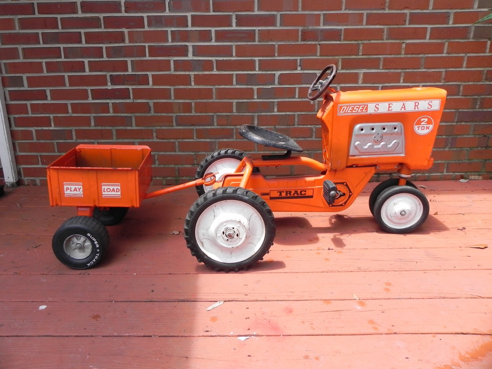 Vintage Sears Diesel 2 Ton Trac Metal Pedal Car Tractor with Play Load Trailer