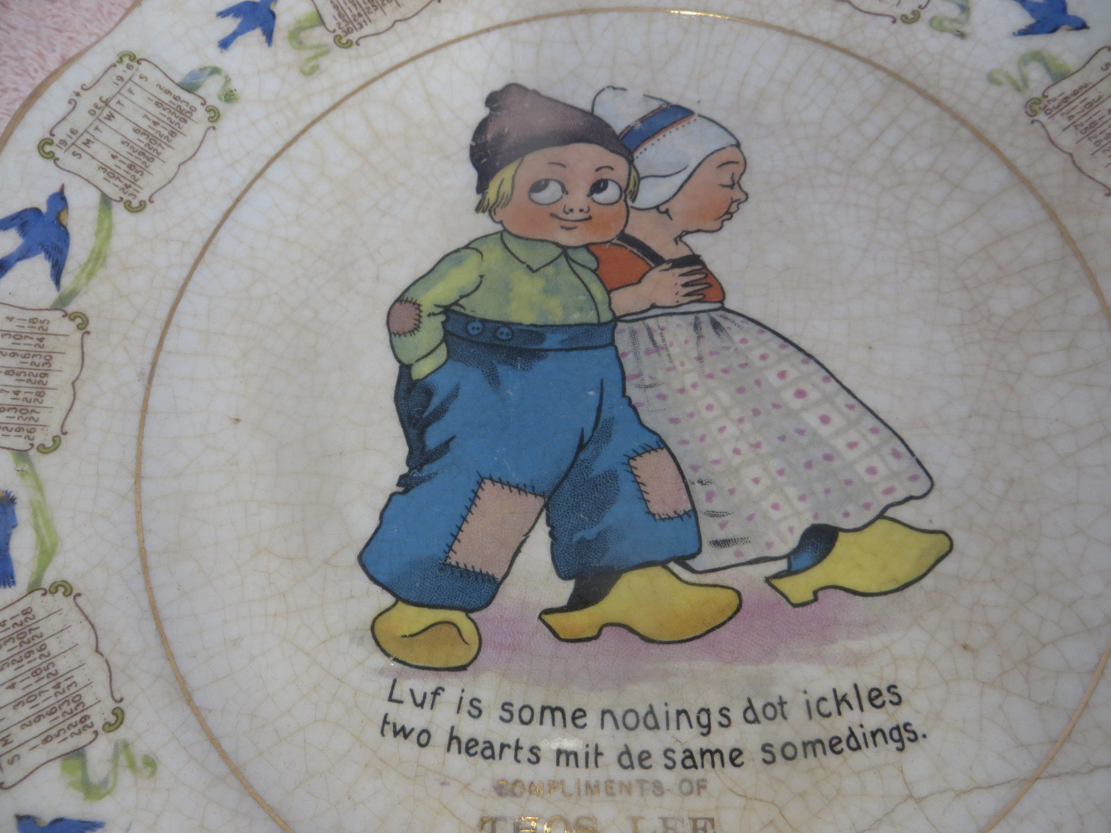 Vtg Antique Advertising Plate - 1916 Calendar  - Dutch - Thos. Lee - Perry KS