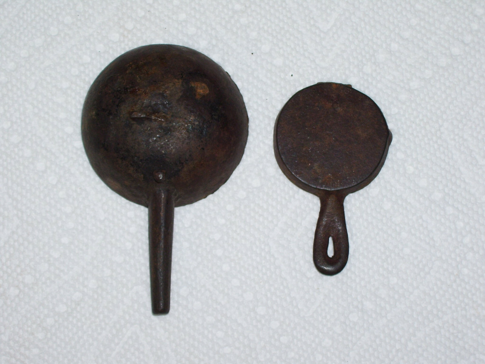 Lot of Antique Cast Iron Items,Toy Pans, Clothes Irons, Ax, Copper Frog in Bowl