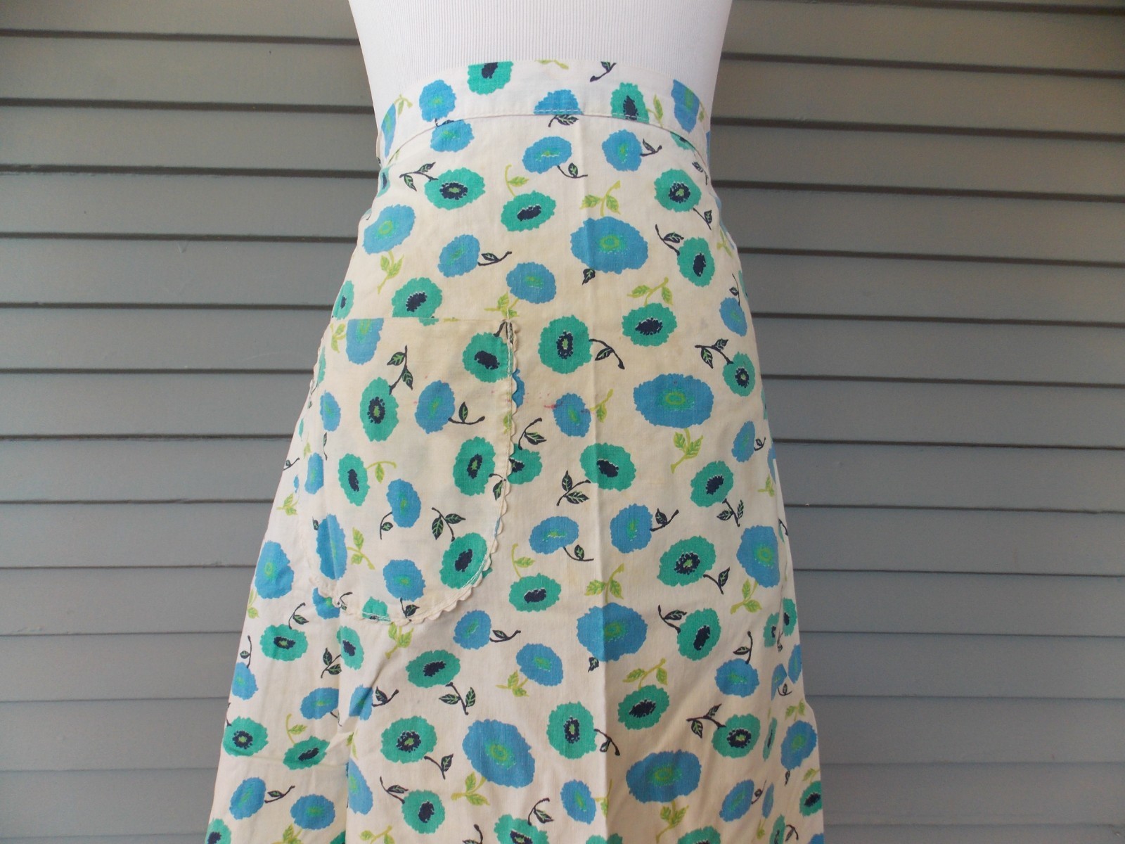 Vintage Handmade Half Apron Blue Flowers on White Ric Rac Trim