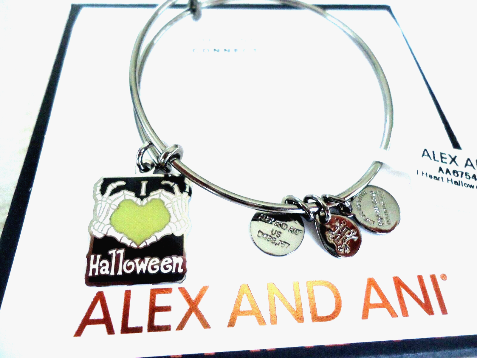 Alex and Ani I HEART HALLOWEEN Midnight Silver Bangle New W Tag