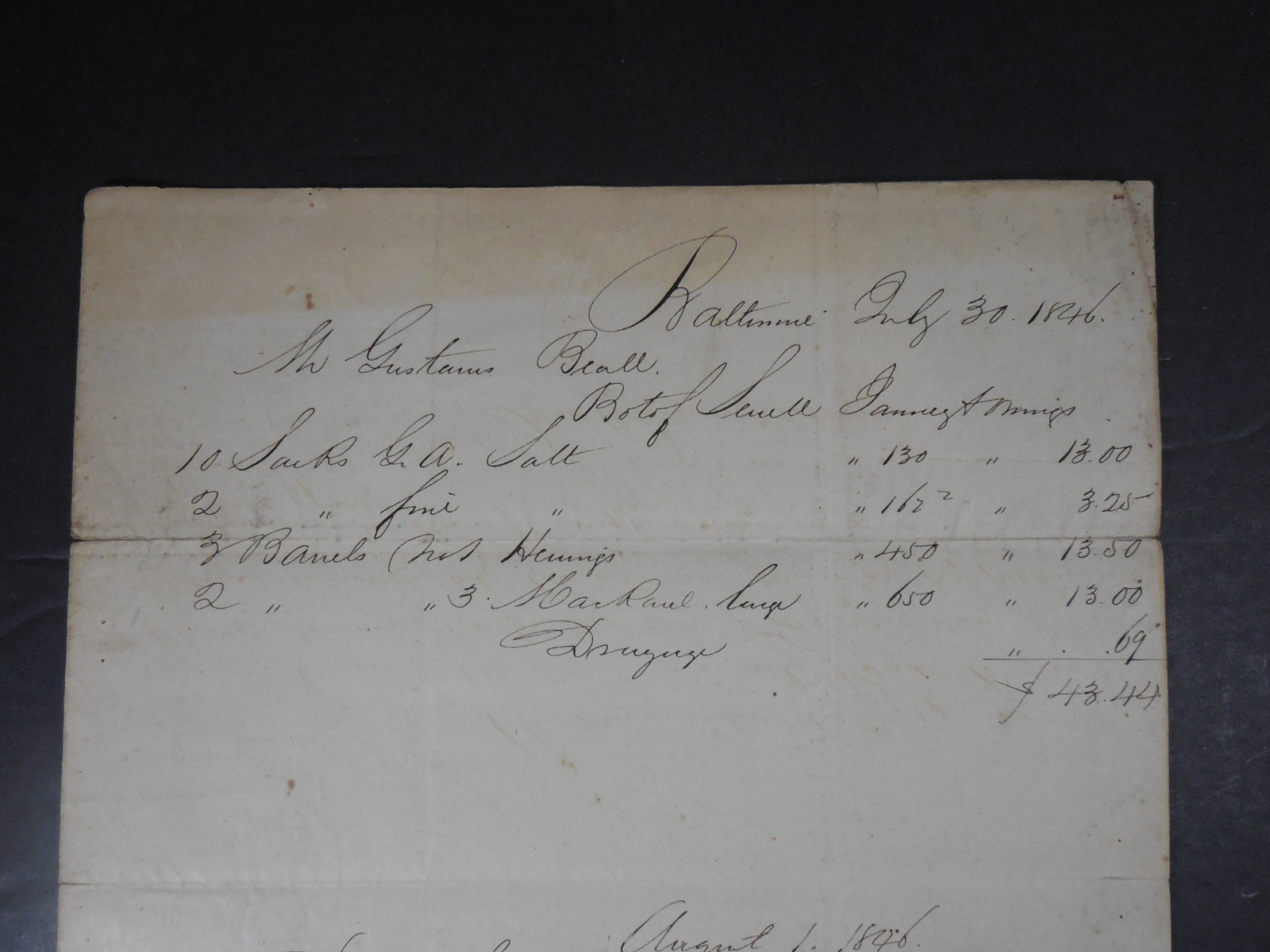 1846 BALTIMORE MARYLAND BILL FOR GOODS INVOICE LETTER HISTORICAL PAPER EPHEMERA