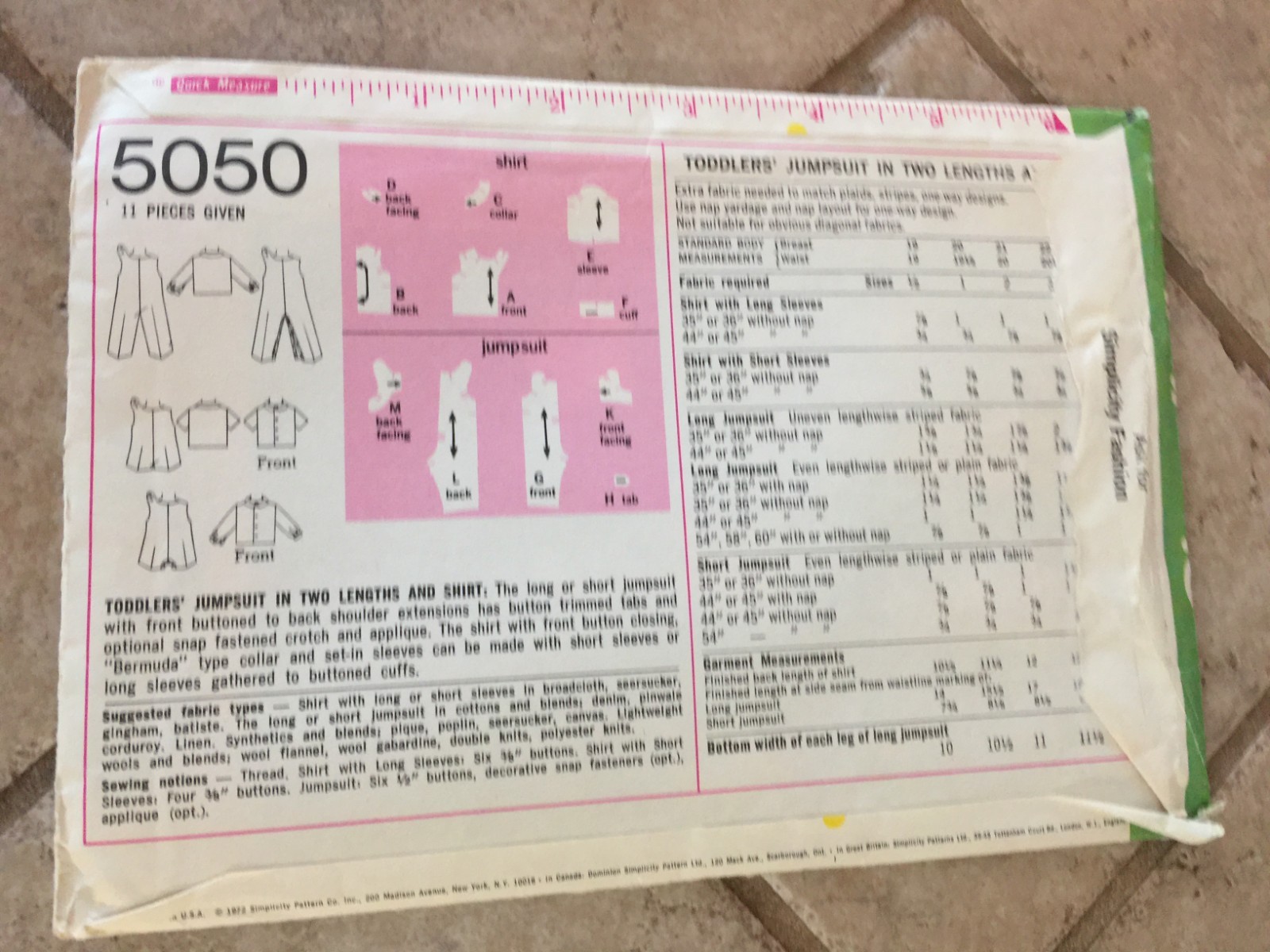 Vintage Simplicity Toddlers Pattern #5050 Size 2 Jumpsuit and Shirt