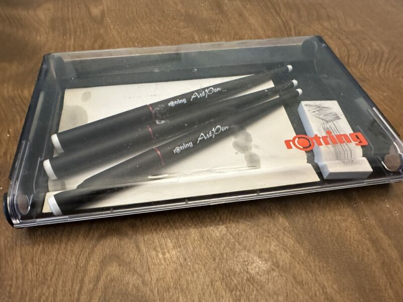 ROTRING 3 Pen ArtPen Set w/ Case & Block Made In Germany 1.1 1.5 1.9 Vintage