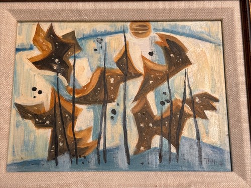 MID CENTURY PAINTING ABSTRACT MODERNISM CUBIST CUBISM SURREALIST MYSTERY SIGNED