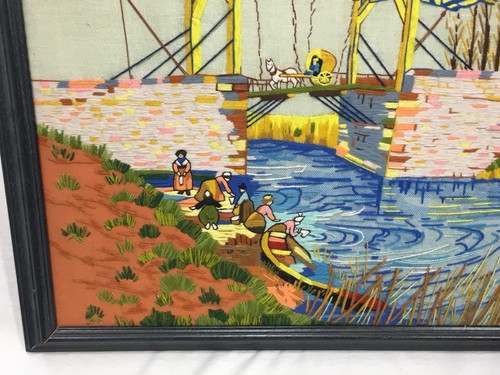 Needlepoint Framed Completed Bridge Water People Horse Buggy 21 1/2” X 19”