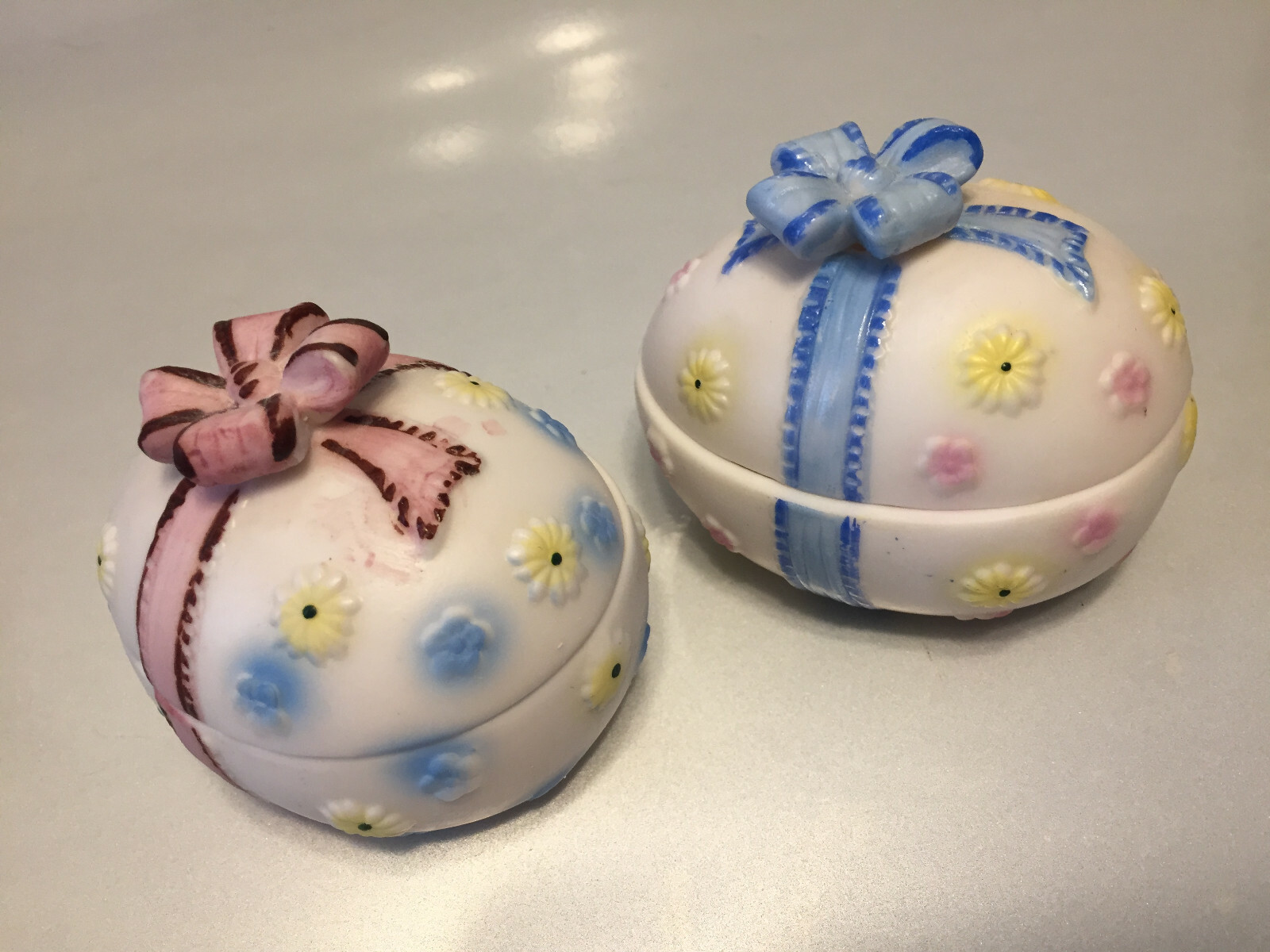 Two Lefton 4473 Covered Eggs With Bow and Flowers