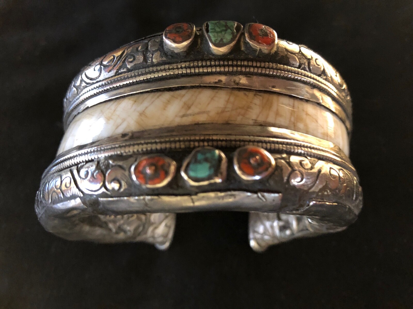 TIBETAN BONE CUFF WITH SILVER ENGRAVING, CORAL AND TURQUOISE